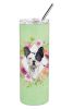 Frenchie - Black and White - Green Flowers Stainless Steel Skinny Tumbler