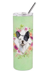 Frenchie - Black and White - Green Flowers Stainless Steel Skinny Tumbler