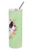 Frenchie - Black and White - Green Flowers Stainless Steel Skinny Tumbler