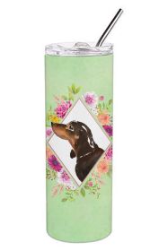 Dachshund - Black and Tan - Green Flowers Stainless Steel Skinny Tumbler