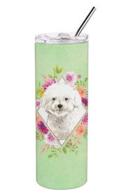 Bichon Frise Green Flowers Stainless Steel Skinny Tumbler