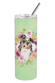 Australian Shepherd Green Flowers Stainless Steel Skinny Tumbler