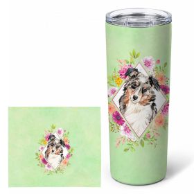 Australian Shepherd Green Flowers Stainless Steel Skinny Tumbler