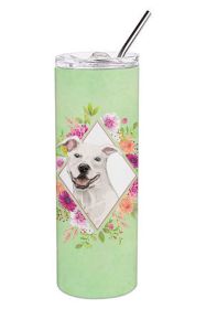 Pit Bull Terrier - White - Green Flowers Stainless Steel Skinny Tumbler