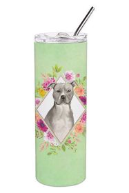 Pit Bull Terrier - Blue - Green Flowers Stainless Steel Skinny Tumbler