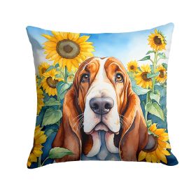 Basset Hound 2 in Sunflowers Throw Pillow