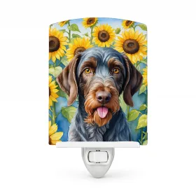 German Wirehaired Pointer 6086 In Sunflowers Ceramic Night Light