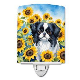 Japanese Chin in Sunflowers Ceramic Nightlight
