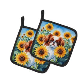 Japanese Chin 2 in Sunflowers Pair of Potholders