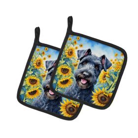 Kerry Blue Terrier in Sunflowers Pair of Potholders