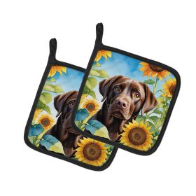 Labrador Retriever - Chocolate - in Sunflowers Pair of Potholders