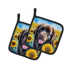 Newfoundland - Chocolate - in Sunflowers Pair of Potholders