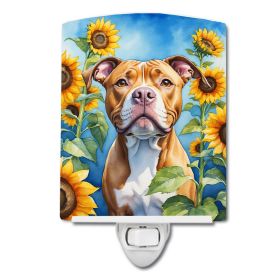 Pit Bull Terrier in Sunflowers Ceramic Nightlight