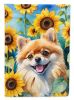 Pomeranian 2 in Sunflowers House Flag