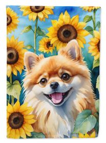 Pomeranian 2 in Sunflowers House Flag