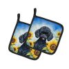 Poodle - Black Puppy - in Sunflowers Pair of Potholders