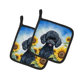 Poodle - Black Puppy - in Sunflowers Pair of Potholders