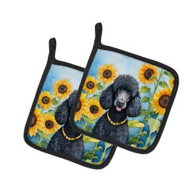Poodle - Black - in Sunflowers Pair of Potholders