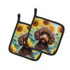 Poodle - Chocolate Puppy - in Sunflowers Pair of Potholders