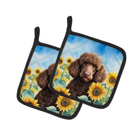 Poodle - Chocolate - in Sunflowers Pair of Potholders