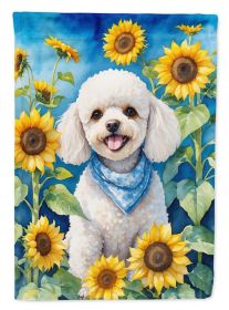 Poodle - White Puppy - in Sunflowers House Flag