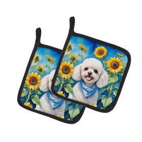 Poodle - White Puppy - in Sunflowers Pair of Potholders