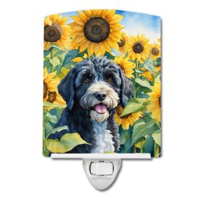 Portuguese Water Dog in Sunflowers Ceramic Nightlight