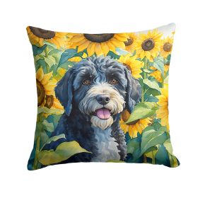 Portuguese Water Dog in Sunflowers Throw Pillow