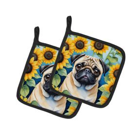 Pug 2 in Sunflowers Pair of Potholders