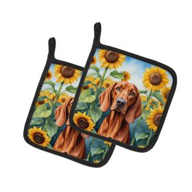 Redbone Coonhound in Sunflowers Pair of Potholders