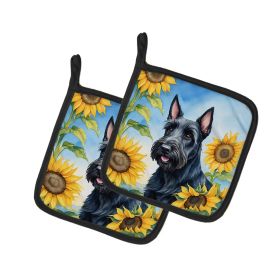 Scottish Terrier in Sunflowers Pair of Potholders