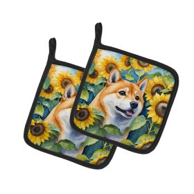 Shiba Inu in Sunflowers Pair of Potholders