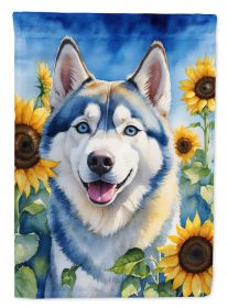 Siberian Husky 1 in Sunflowers House Flag