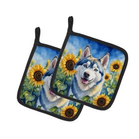 Siberian Husky 1 in Sunflowers Pair of Potholders