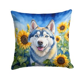 Siberian Husky 1 in Sunflowers Throw Pillow