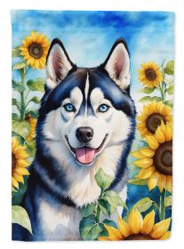 Siberian Husky 2 in Sunflowers House Flag