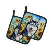 Siberian Husky 2 in Sunflowers Pair of Potholders