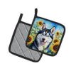 Siberian Husky 2 in Sunflowers Pair of Potholders