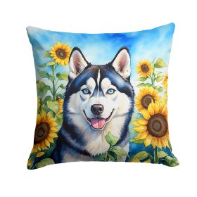 Siberian Husky 2 in Sunflowers Throw Pillow