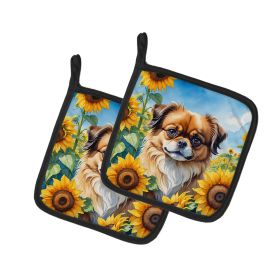 Tibetan Spaniel in Sunflowers Pair of Potholders