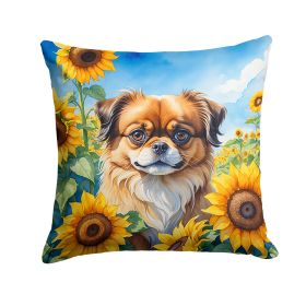 Tibetan Spaniel in Sunflowers Throw Pillow