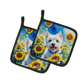 Westie 2 in Sunflowers Pair of Potholders