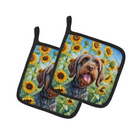 Wirehaired Pointing Griffon in Sunflowers Pair of Potholders