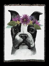 Boston Terrier Flower Crown Cotton Woven Throw