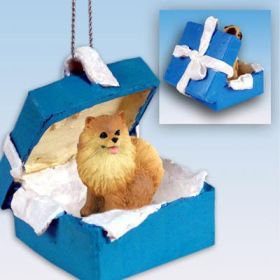 Pomeranian - Red - Blue Gift Box Ornament
