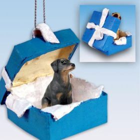 Doberman - Black - Uncropped - Blue Gift Box Ornament