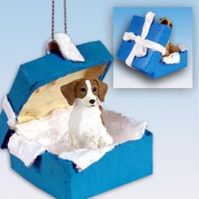 Brittany - Brown and White - Blue Gift Box Ornament