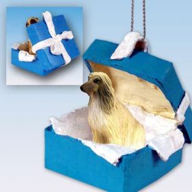 Afghan Hound - Tan and White - Blue Gift Box Ornament