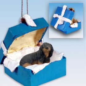 Dachshund - Black - Longhair - Blue Gift Box Ornament