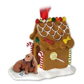 Dachshund - Red - Longhair - Gingerbread House Ornament